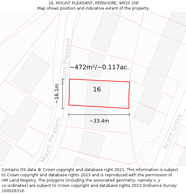 16, MOUNT PLEASANT, PERSHORE, WR10 1NF: Plot and title map