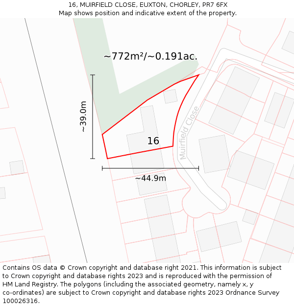 16, MUIRFIELD CLOSE, EUXTON, CHORLEY, PR7 6FX: Plot and title map