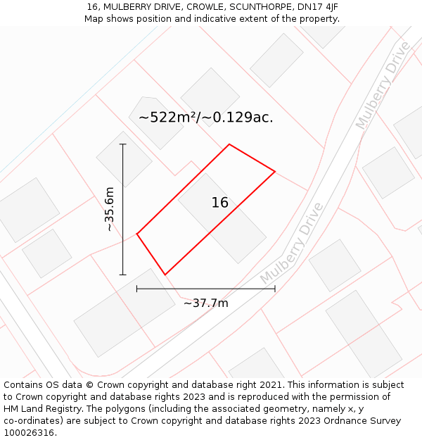 16, MULBERRY DRIVE, CROWLE, SCUNTHORPE, DN17 4JF: Plot and title map