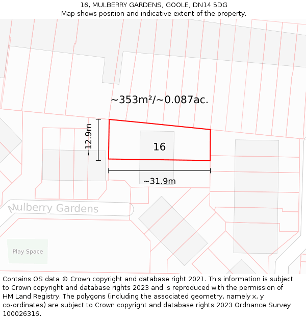 16, MULBERRY GARDENS, GOOLE, DN14 5DG: Plot and title map