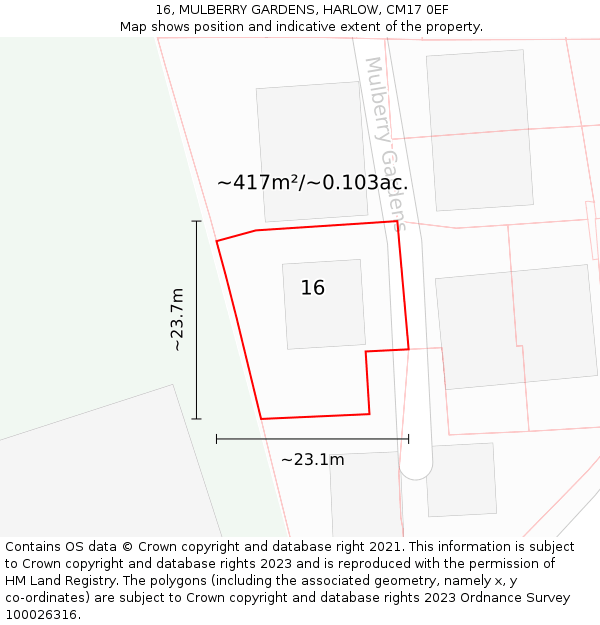 16, MULBERRY GARDENS, HARLOW, CM17 0EF: Plot and title map