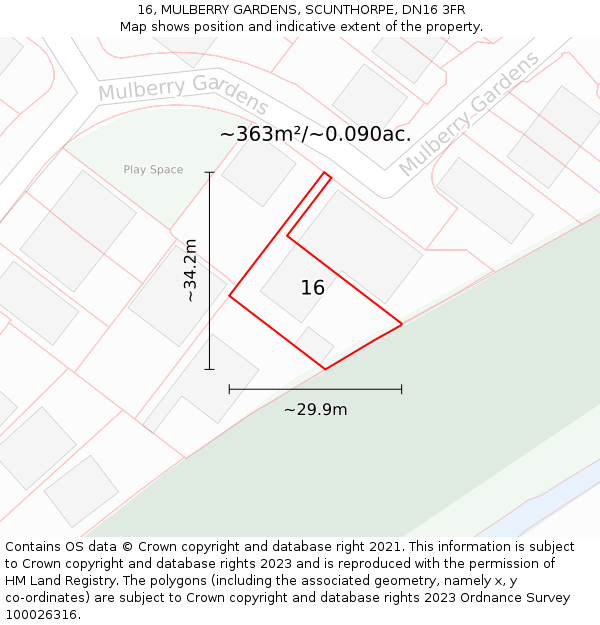 16, MULBERRY GARDENS, SCUNTHORPE, DN16 3FR: Plot and title map