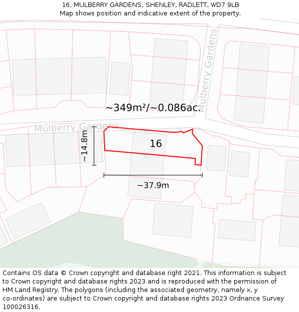 16, MULBERRY GARDENS, SHENLEY, RADLETT, WD7 9LB: Plot and title map