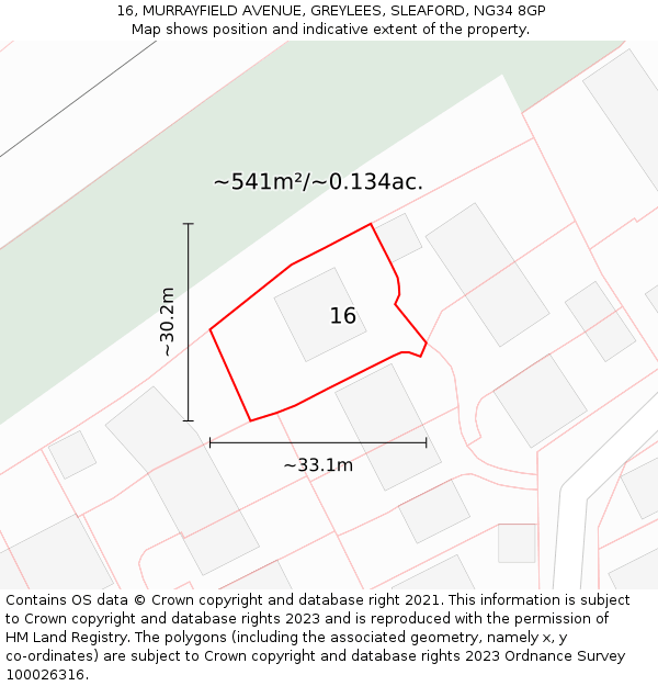 16, MURRAYFIELD AVENUE, GREYLEES, SLEAFORD, NG34 8GP: Plot and title map