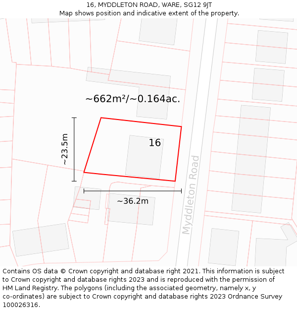 16, MYDDLETON ROAD, WARE, SG12 9JT: Plot and title map