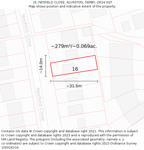 16, NESFIELD CLOSE, ALVASTON, DERBY, DE24 0QT: Plot and title map