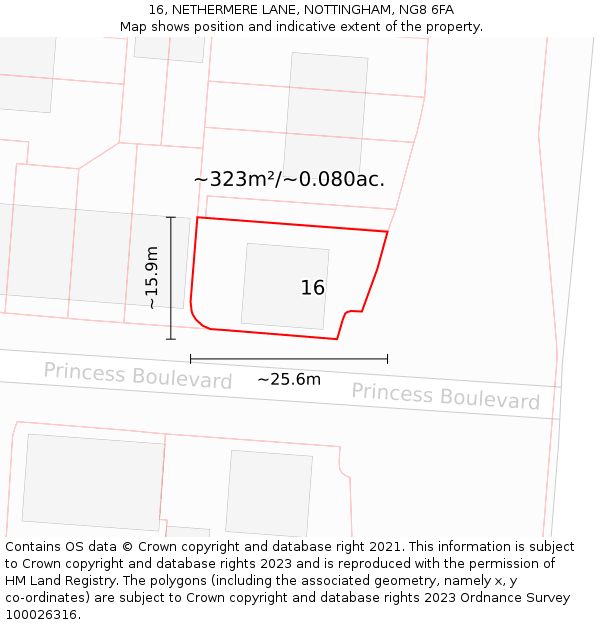16, NETHERMERE LANE, NOTTINGHAM, NG8 6FA: Plot and title map