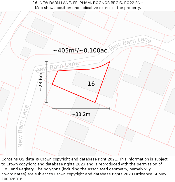 16, NEW BARN LANE, FELPHAM, BOGNOR REGIS, PO22 8NH: Plot and title map