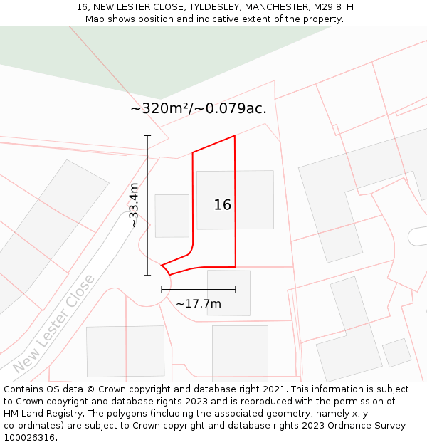 16, NEW LESTER CLOSE, TYLDESLEY, MANCHESTER, M29 8TH: Plot and title map