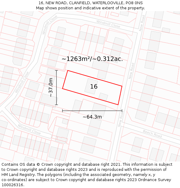 16, NEW ROAD, CLANFIELD, WATERLOOVILLE, PO8 0NS: Plot and title map