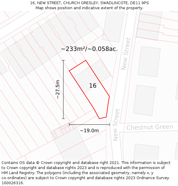 16, NEW STREET, CHURCH GRESLEY, SWADLINCOTE, DE11 9PS: Plot and title map