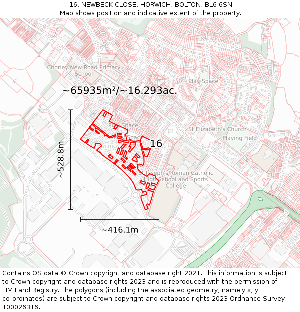 16, NEWBECK CLOSE, HORWICH, BOLTON, BL6 6SN: Plot and title map