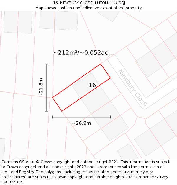 16, NEWBURY CLOSE, LUTON, LU4 9QJ: Plot and title map