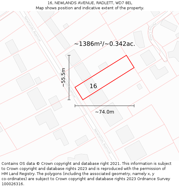 16, NEWLANDS AVENUE, RADLETT, WD7 8EL: Plot and title map