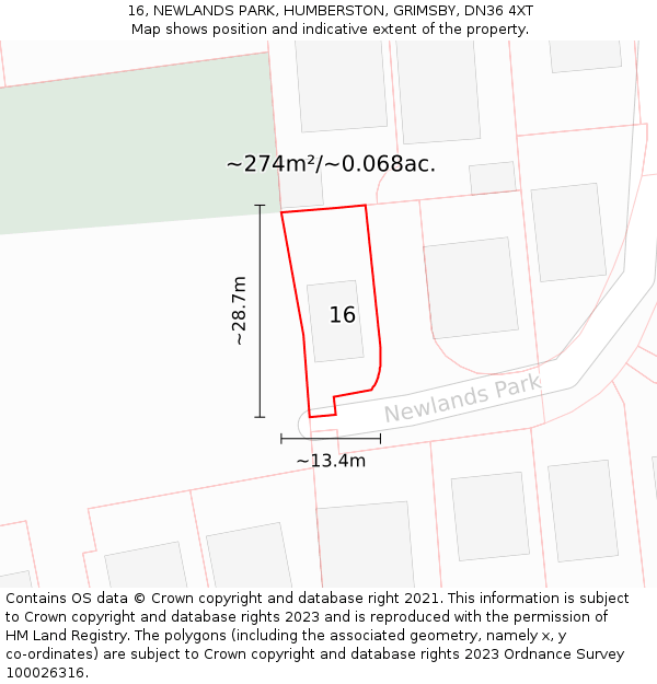 16, NEWLANDS PARK, HUMBERSTON, GRIMSBY, DN36 4XT: Plot and title map