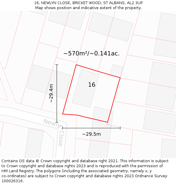 16, NEWLYN CLOSE, BRICKET WOOD, ST ALBANS, AL2 3UP: Plot and title map