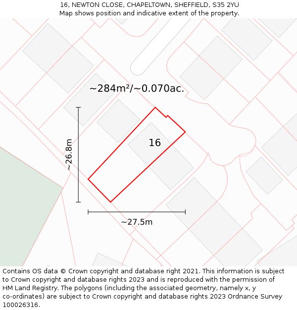 16, NEWTON CLOSE, CHAPELTOWN, SHEFFIELD, S35 2YU: Plot and title map