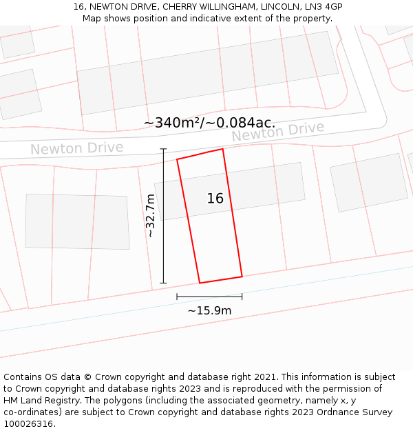 16, NEWTON DRIVE, CHERRY WILLINGHAM, LINCOLN, LN3 4GP: Plot and title map