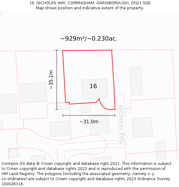 16, NICHOLAS WAY, CORRINGHAM, GAINSBOROUGH, DN21 5QE: Plot and title map