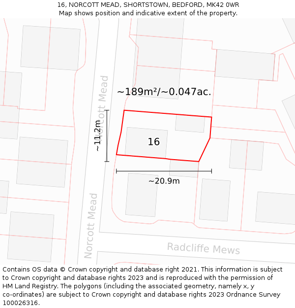 16, NORCOTT MEAD, SHORTSTOWN, BEDFORD, MK42 0WR: Plot and title map