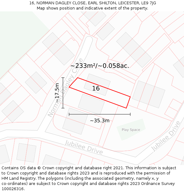 16, NORMAN DAGLEY CLOSE, EARL SHILTON, LEICESTER, LE9 7JG: Plot and title map