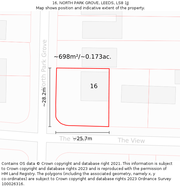 16, NORTH PARK GROVE, LEEDS, LS8 1JJ: Plot and title map