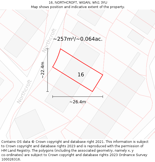 16, NORTHCROFT, WIGAN, WN1 3YU: Plot and title map