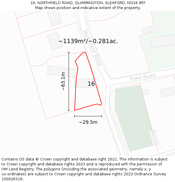 16, NORTHFIELD ROAD, QUARRINGTON, SLEAFORD, NG34 8RT: Plot and title map