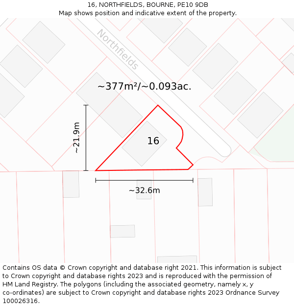 16, NORTHFIELDS, BOURNE, PE10 9DB: Plot and title map