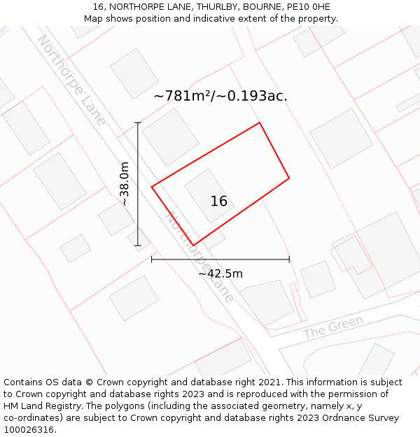 16, NORTHORPE LANE, THURLBY, BOURNE, PE10 0HE: Plot and title map