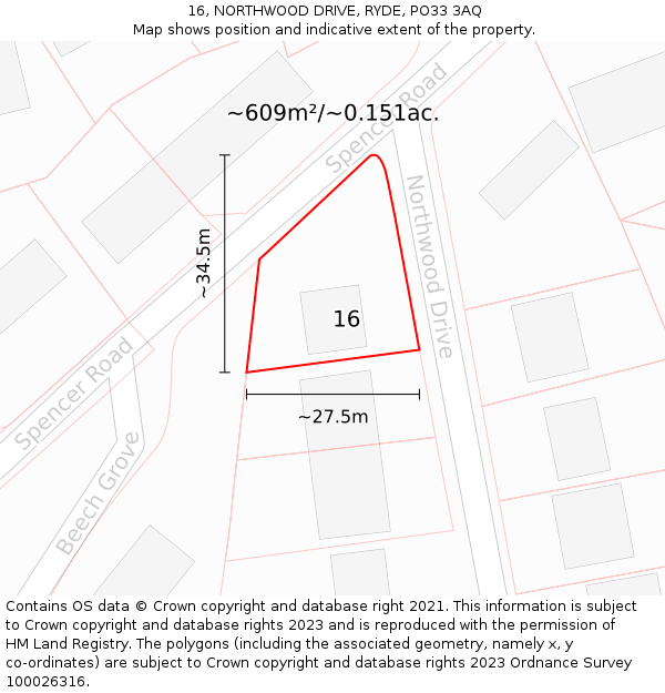 16, NORTHWOOD DRIVE, RYDE, PO33 3AQ: Plot and title map