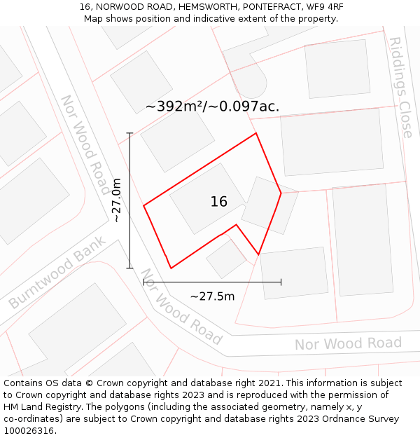 16, NORWOOD ROAD, HEMSWORTH, PONTEFRACT, WF9 4RF: Plot and title map