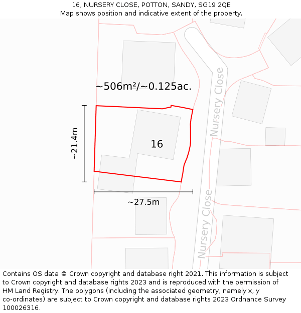 16, NURSERY CLOSE, POTTON, SANDY, SG19 2QE: Plot and title map