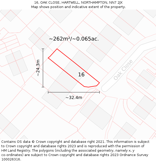 16, OAK CLOSE, HARTWELL, NORTHAMPTON, NN7 2JX: Plot and title map