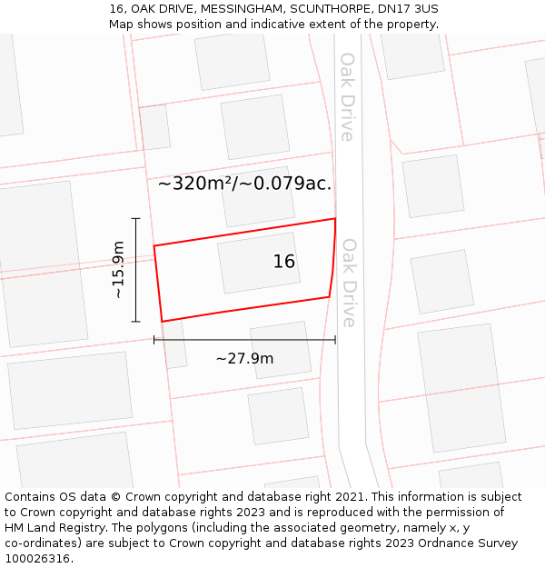 16, OAK DRIVE, MESSINGHAM, SCUNTHORPE, DN17 3US: Plot and title map