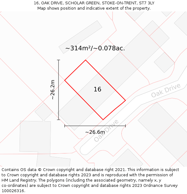 16, OAK DRIVE, SCHOLAR GREEN, STOKE-ON-TRENT, ST7 3LY: Plot and title map