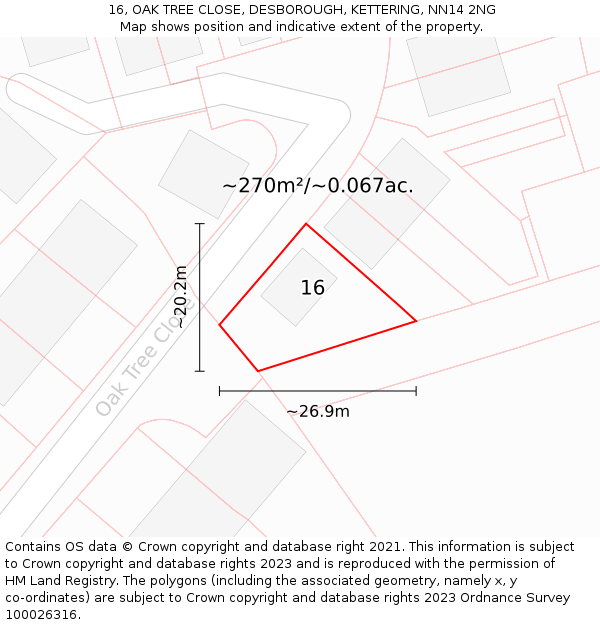 16, OAK TREE CLOSE, DESBOROUGH, KETTERING, NN14 2NG: Plot and title map