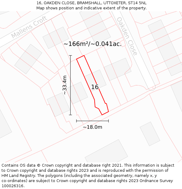 16, OAKDEN CLOSE, BRAMSHALL, UTTOXETER, ST14 5NL: Plot and title map