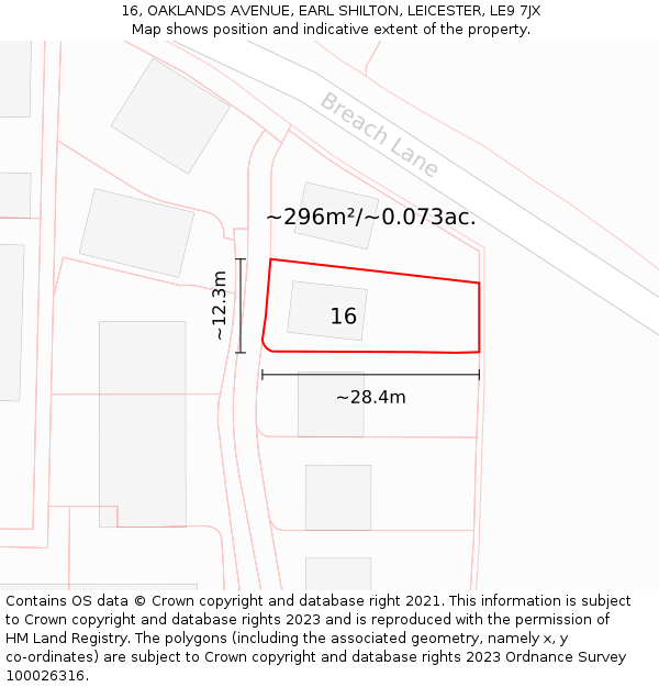 16, OAKLANDS AVENUE, EARL SHILTON, LEICESTER, LE9 7JX: Plot and title map