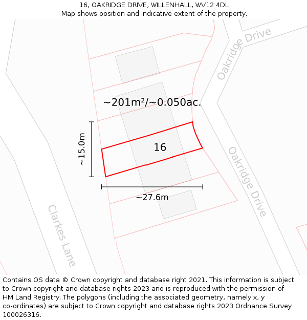 16, OAKRIDGE DRIVE, WILLENHALL, WV12 4DL: Plot and title map
