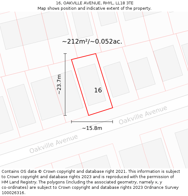 16, OAKVILLE AVENUE, RHYL, LL18 3TE: Plot and title map