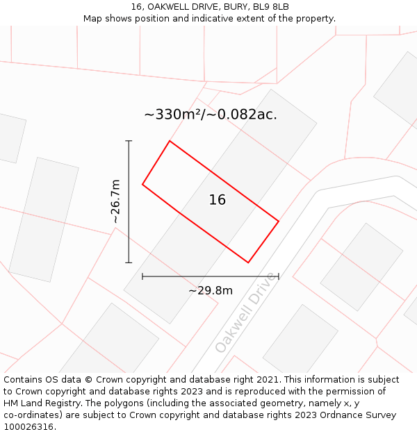 16, OAKWELL DRIVE, BURY, BL9 8LB: Plot and title map