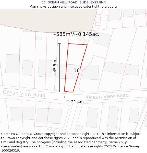 16, OCEAN VIEW ROAD, BUDE, EX23 8NN: Plot and title map