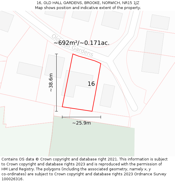 16, OLD HALL GARDENS, BROOKE, NORWICH, NR15 1JZ: Plot and title map