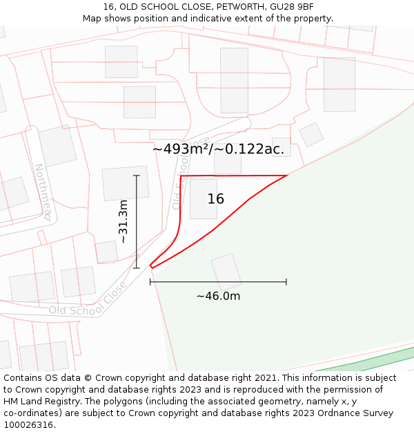 16, OLD SCHOOL CLOSE, PETWORTH, GU28 9BF: Plot and title map