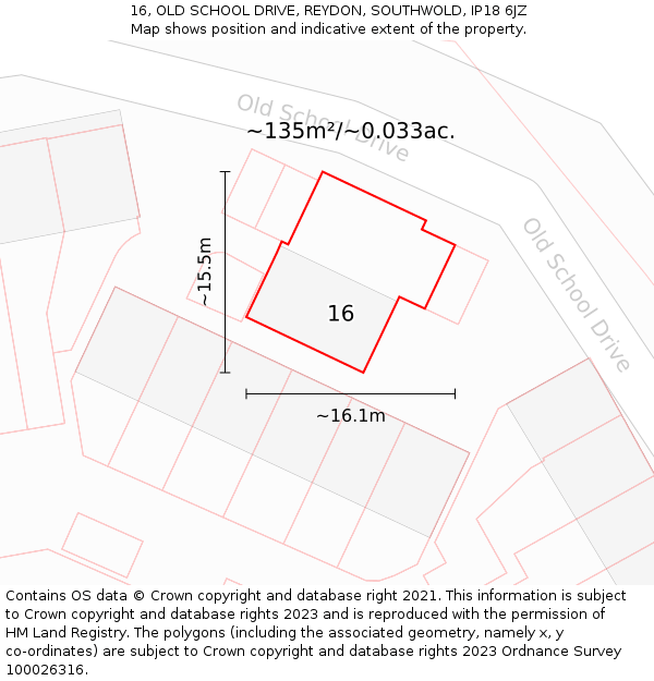 16, OLD SCHOOL DRIVE, REYDON, SOUTHWOLD, IP18 6JZ: Plot and title map