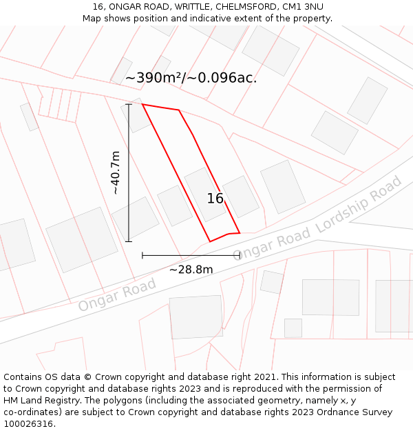 16, ONGAR ROAD, WRITTLE, CHELMSFORD, CM1 3NU: Plot and title map