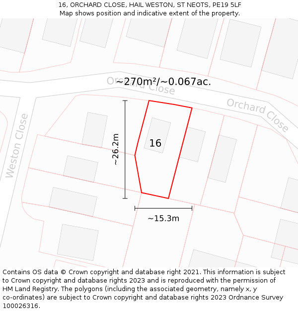 16, ORCHARD CLOSE, HAIL WESTON, ST NEOTS, PE19 5LF: Plot and title map