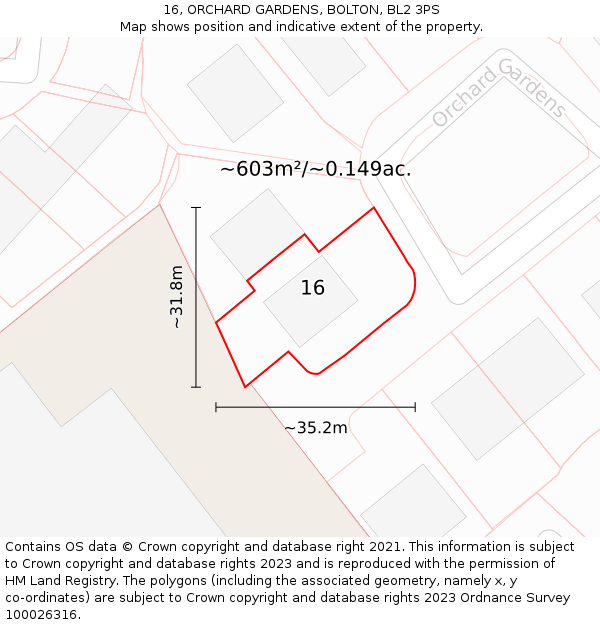 16, ORCHARD GARDENS, BOLTON, BL2 3PS: Plot and title map