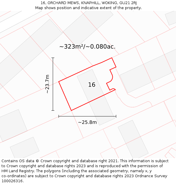 16, ORCHARD MEWS, KNAPHILL, WOKING, GU21 2RJ: Plot and title map